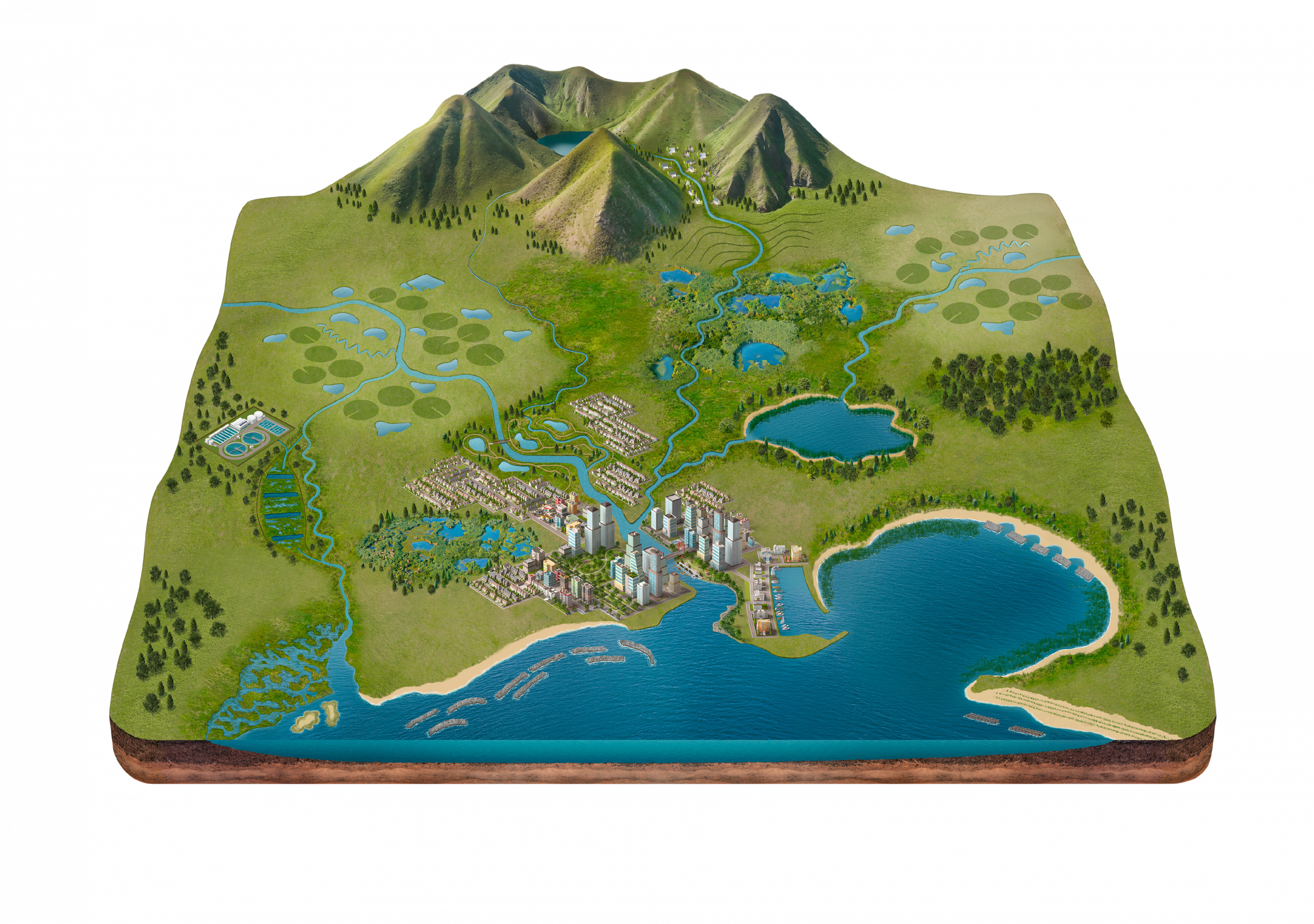 Illustrated landscape showing mountains, wetlands, streams, farmland, a city and coastline